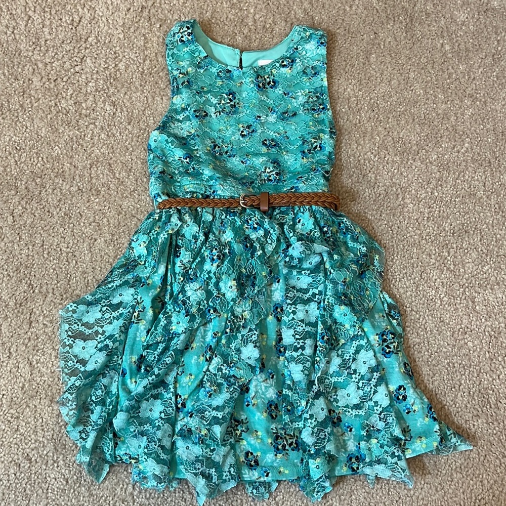 Justice Girls Green Floral Ruffled Lace Sleeveless Party Spring Dress - size 6